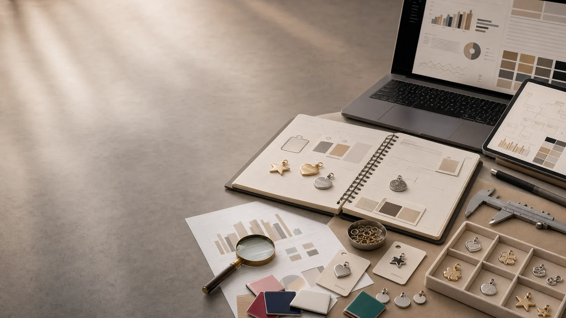 Redaktioneller Beschaffungsdesk mit Edelstahl-charms-Mustern, Materialnotizen, Verpackungskarten und Qualitätsforschungswerkzeugen