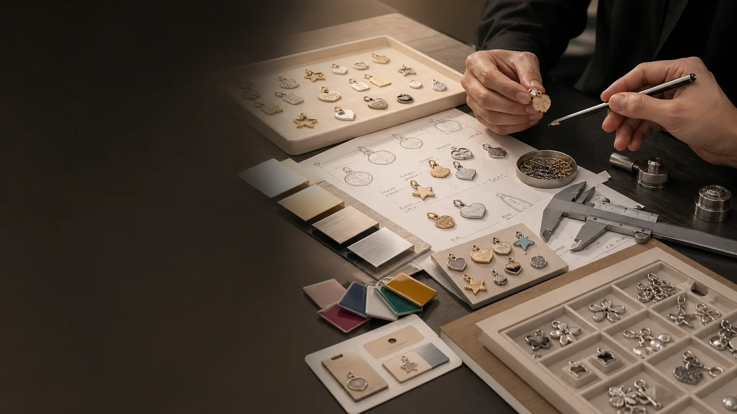 OEM and ODM stainless steel charm development table with drawings, samples, finishes, and inspection tools